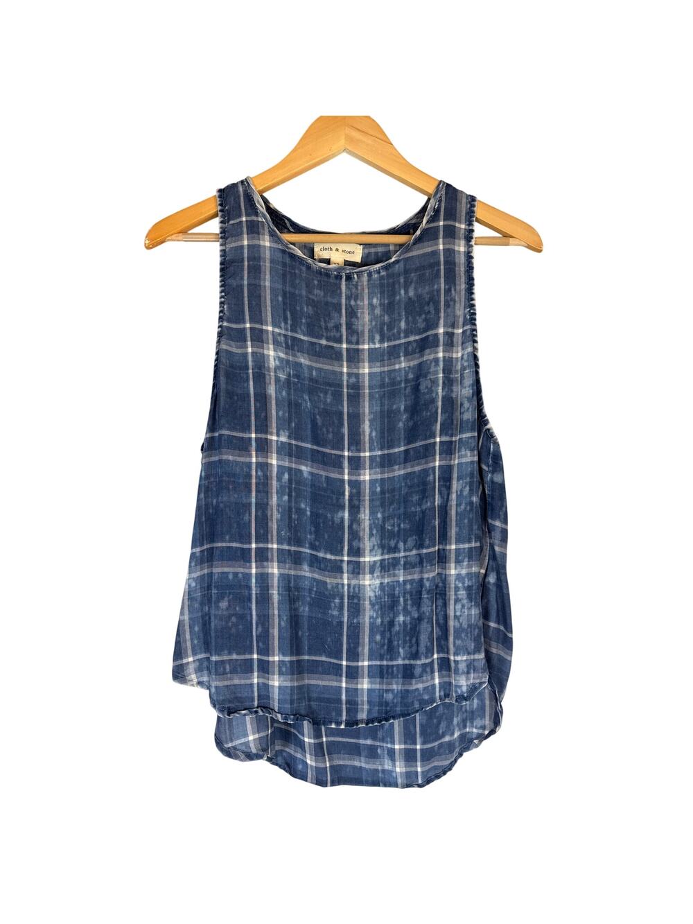 Anthropologie Cloth & Stone Plaid Tank Top XS Blue 100% Tencel Sleeveless Summer